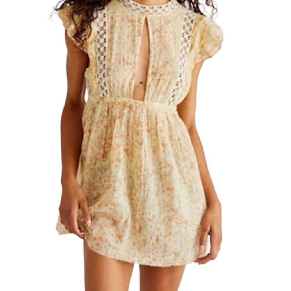 Free People One Eva Tunic Yellow Floral Boho Flutter Sleeve Cottage Core M NWT